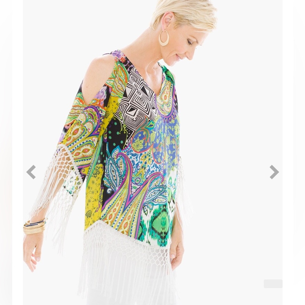 Chicos NWOT V Neck Cold Shoulder Paisley Oversized Fringe Top
